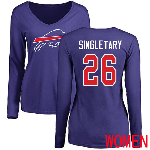 NFL Women Buffalo Bills #26 Devin Singletary Royal Blue Name and Number Logo Long Sleeve T Shirt